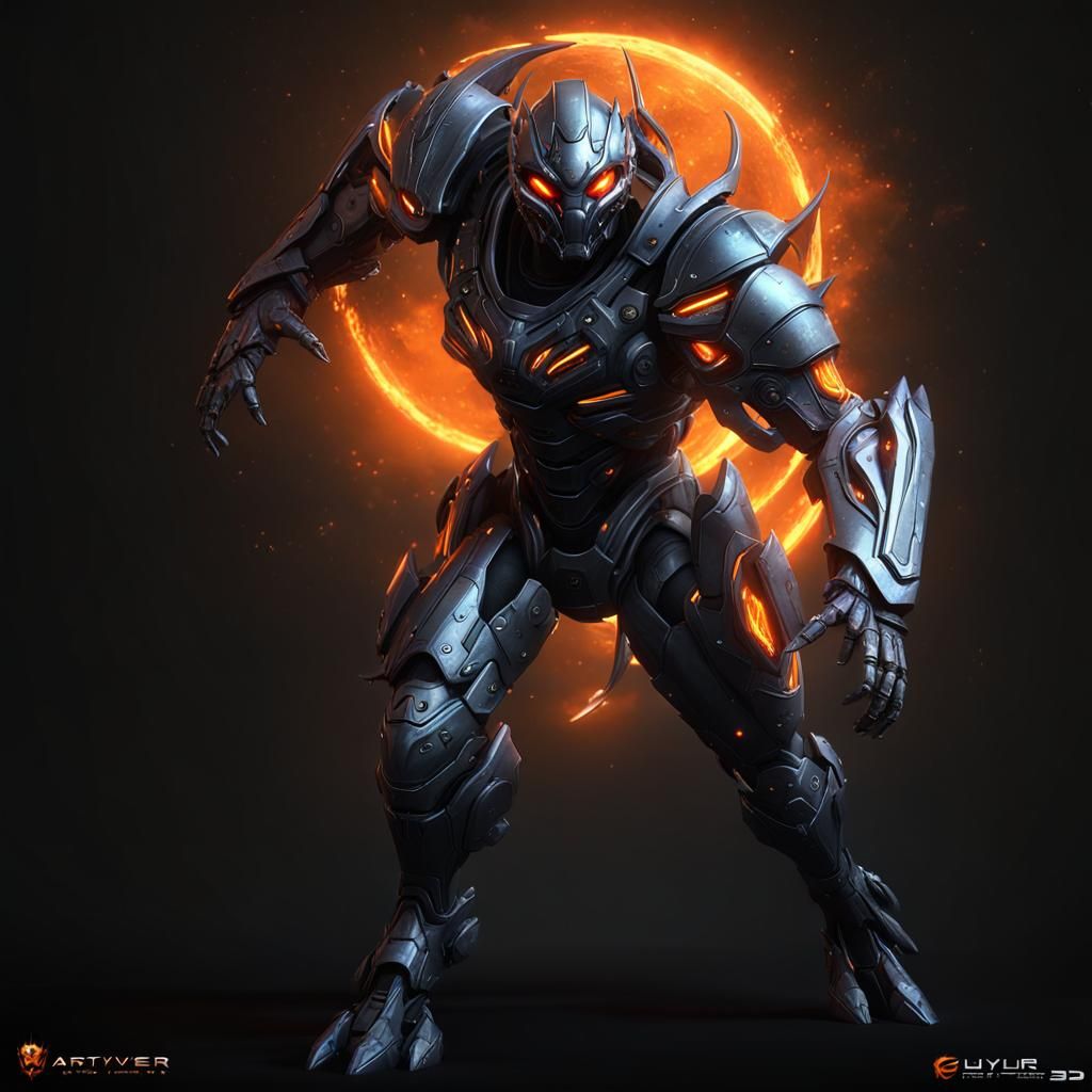 Dark Chrome Hero Mask with Orange Eyes in 3D