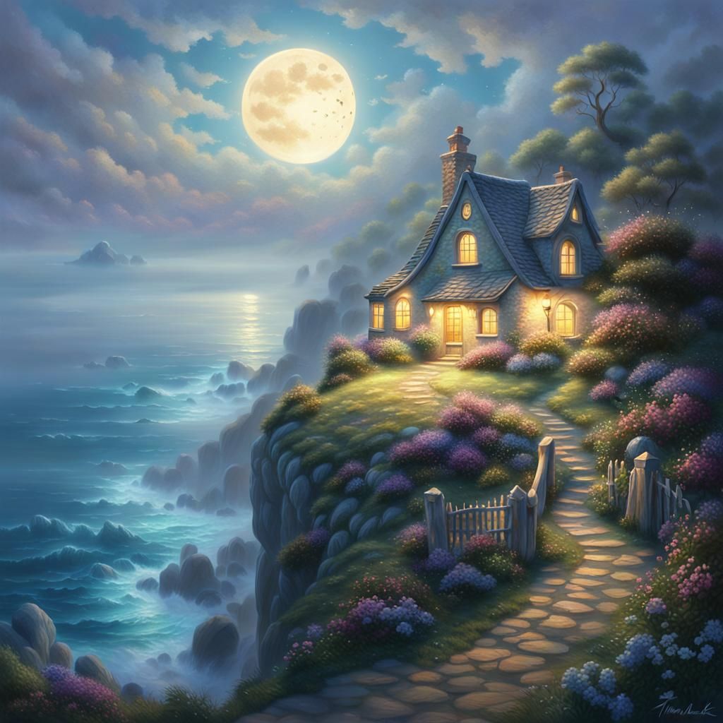 Clifftop Cottage Overlooking Moonlit Sea: Fantasy Landscape