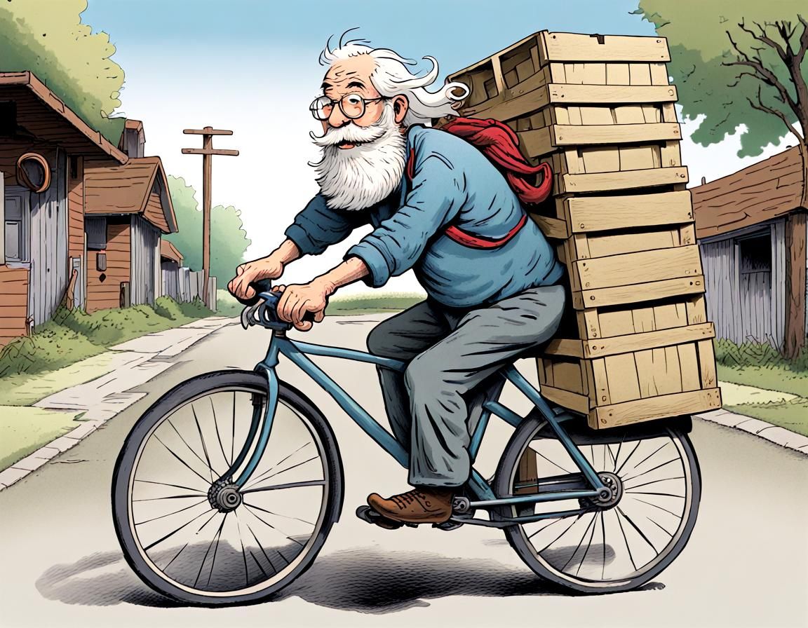 Humorous Cartoon of Elderly Cyclist with Overfilled Crate