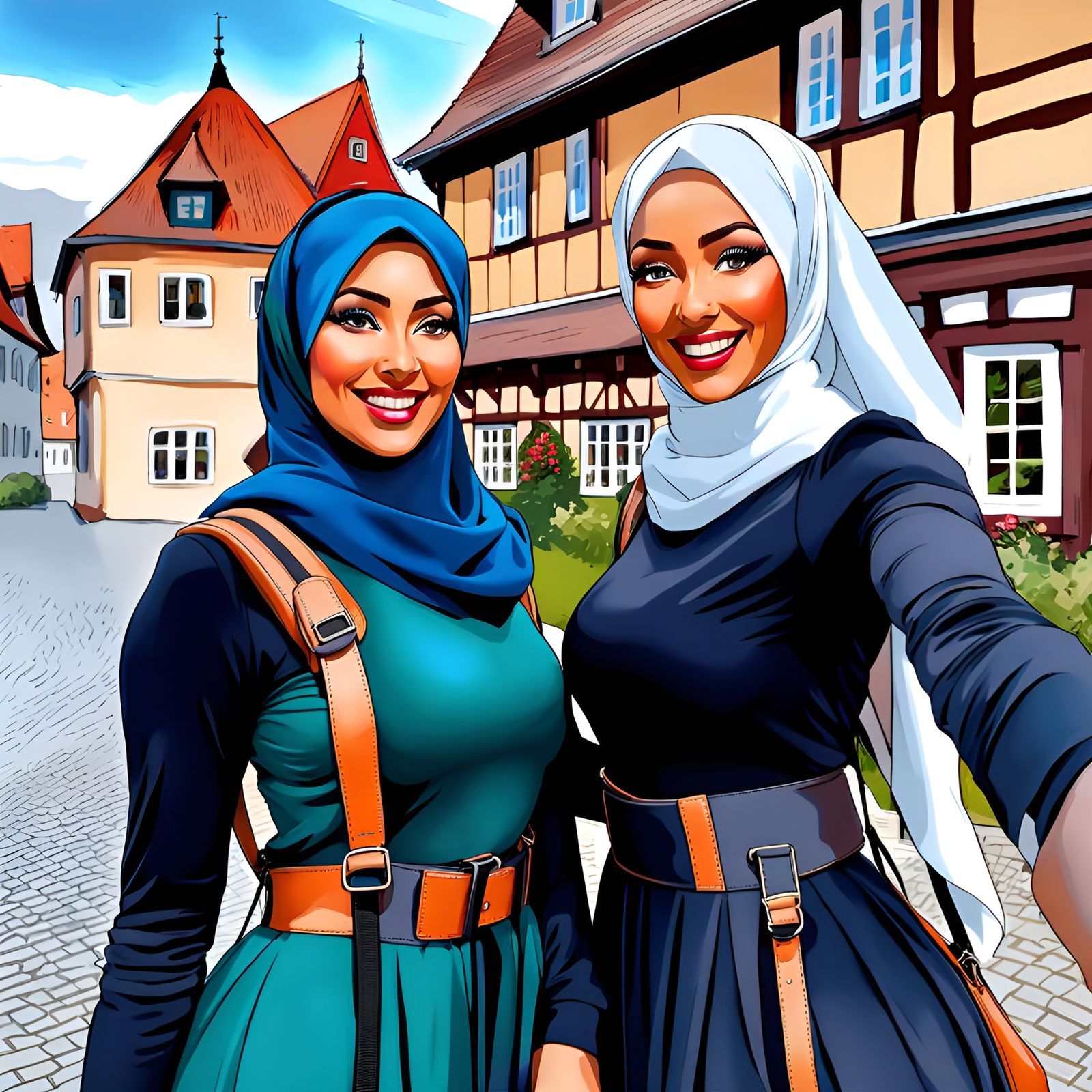 Two Hijabi Women Selfie in Germany, Hyperdetailed Portrait