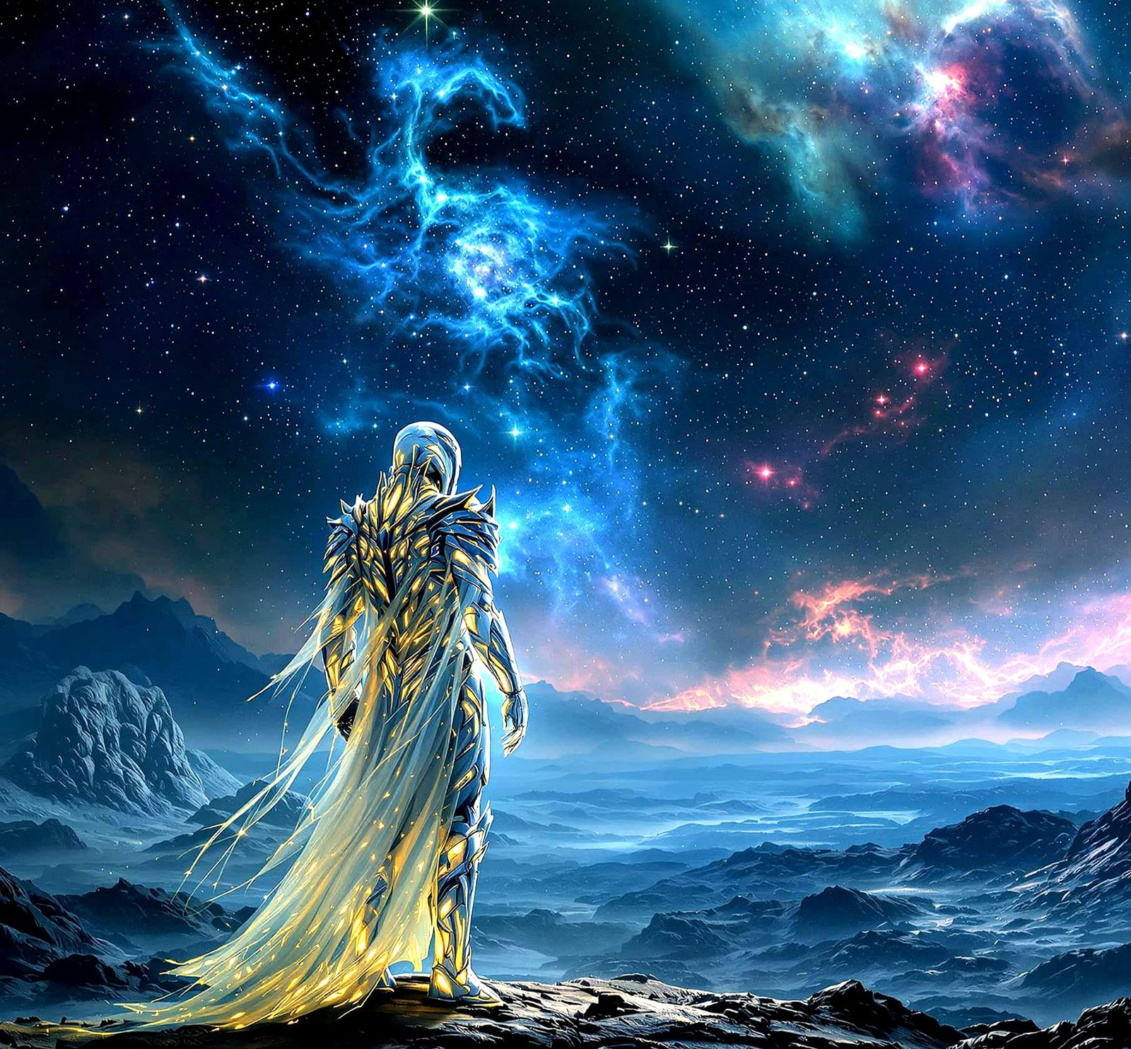 Ethereal Warrior on Alien Planet Under Nebula Sky