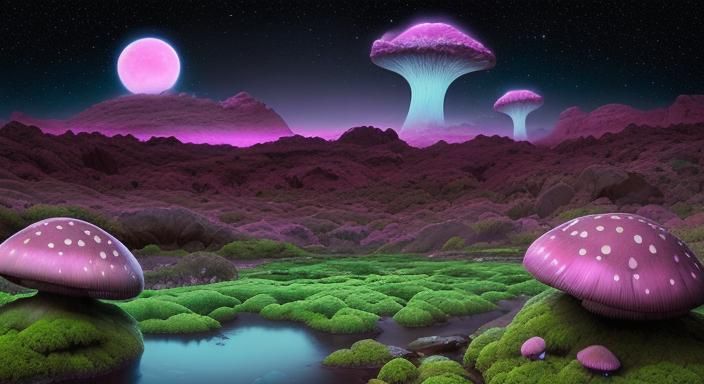 Alien Planet with Bioluminescent Mushrooms and Misty Sky