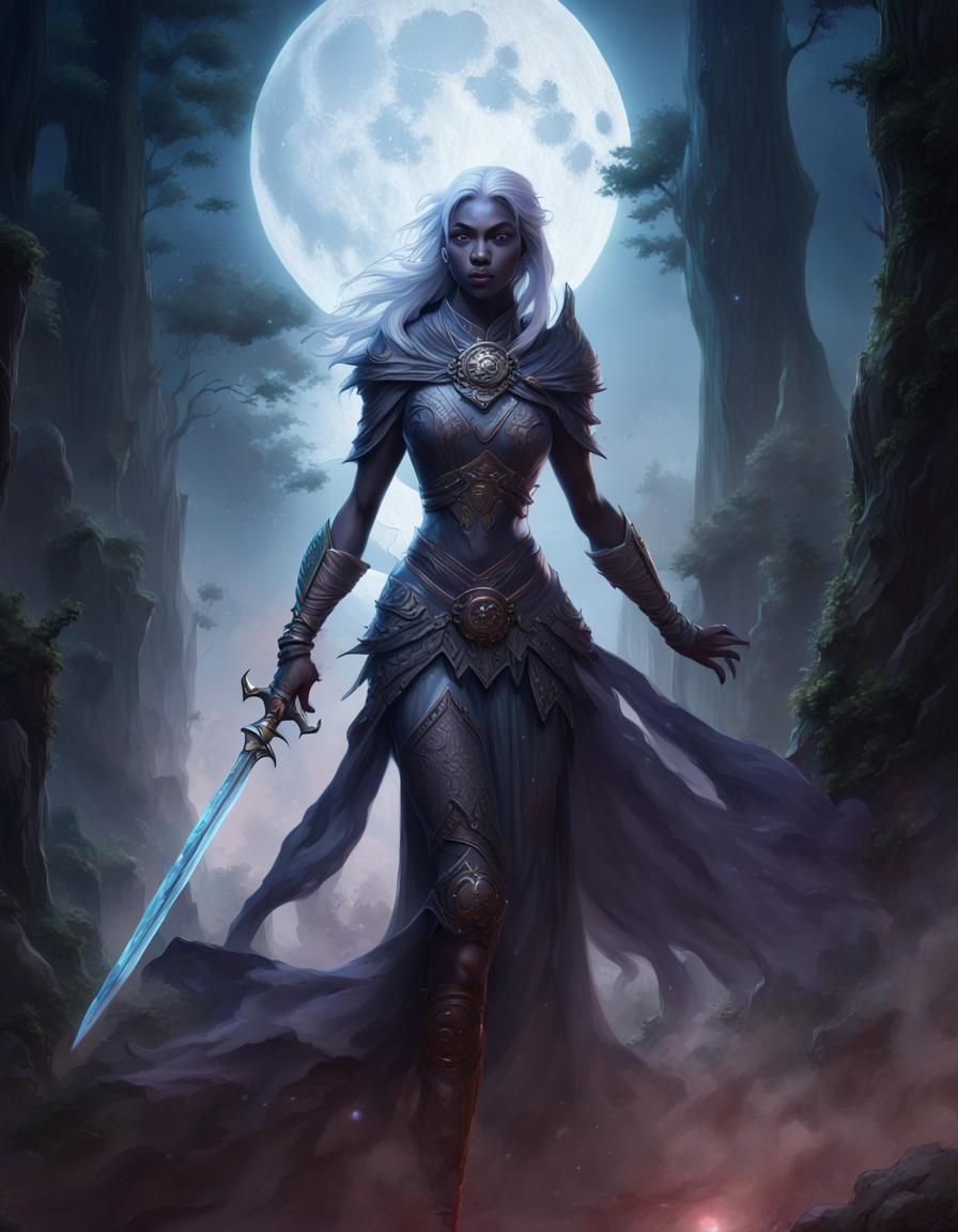 Drow Sword Dancer Under Moonlight, Digital Art