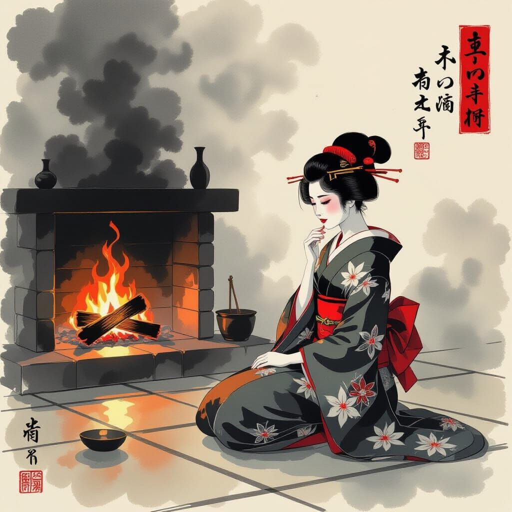 Japanese Art of a Smoldering Fireplace in Ukiyo-e Style