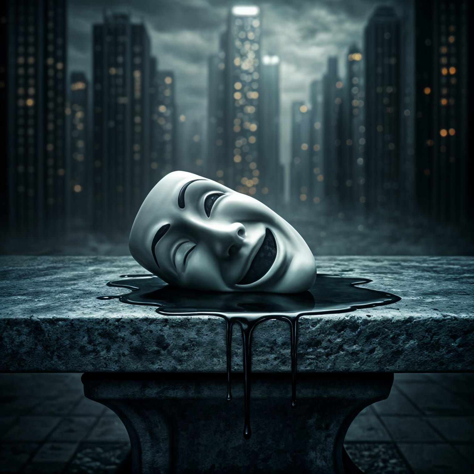 Gothic Comedy Mask Confronts a Dark City Scene