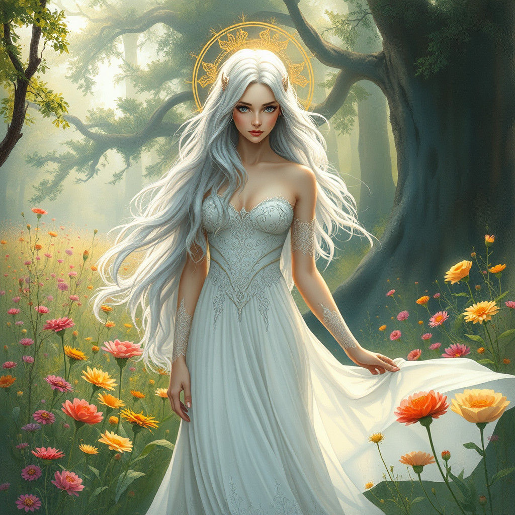 Ethereal Woman in Garden: Arthur Rackham Style