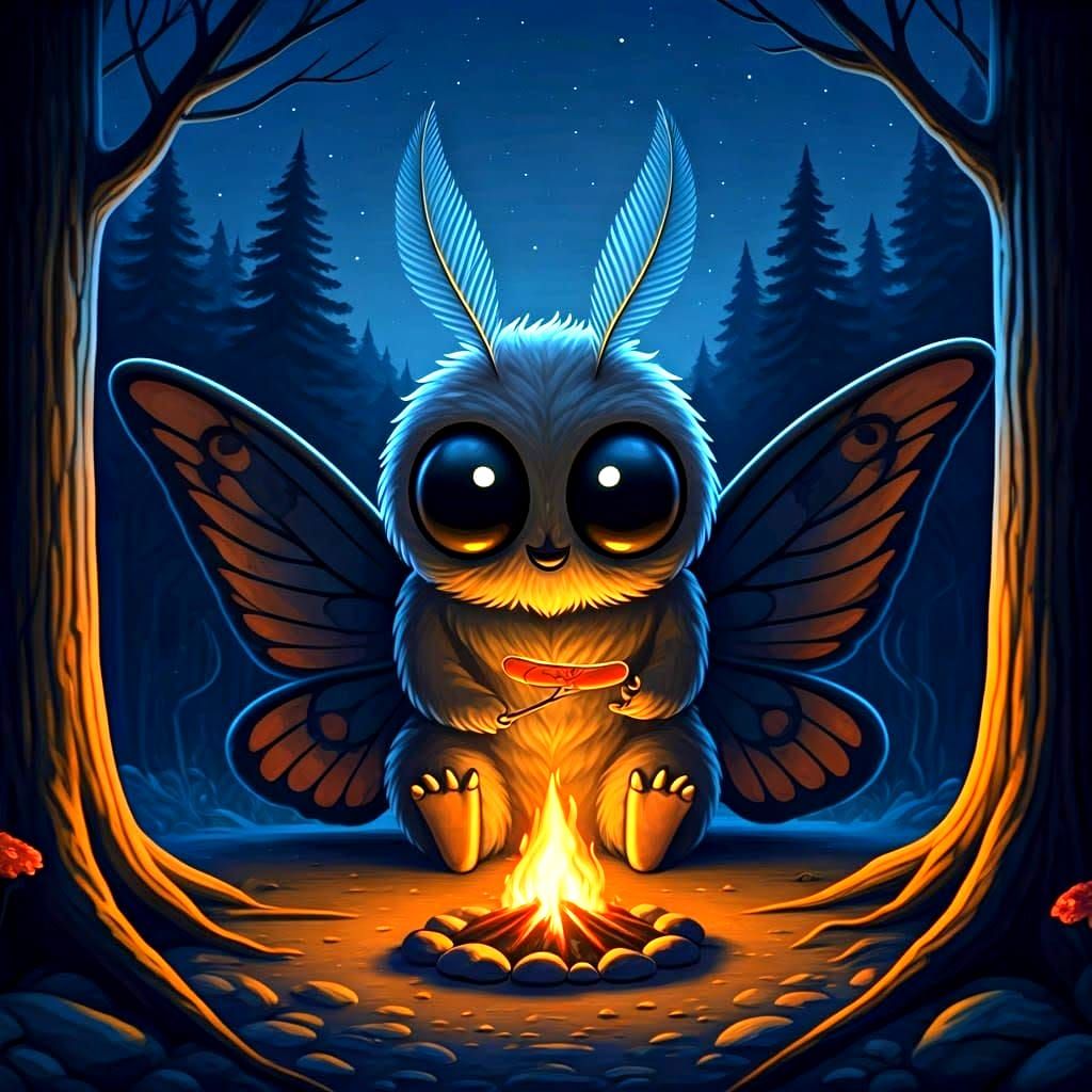 Chibi Mothman Roasting Hot Dogs at Night