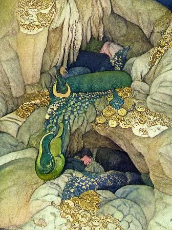 Sleeping Dragon on Treasure, Art Nouveau Illustration