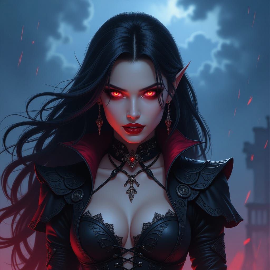 Fantasy Vampiress with Glowing Eyes in Stormy Night