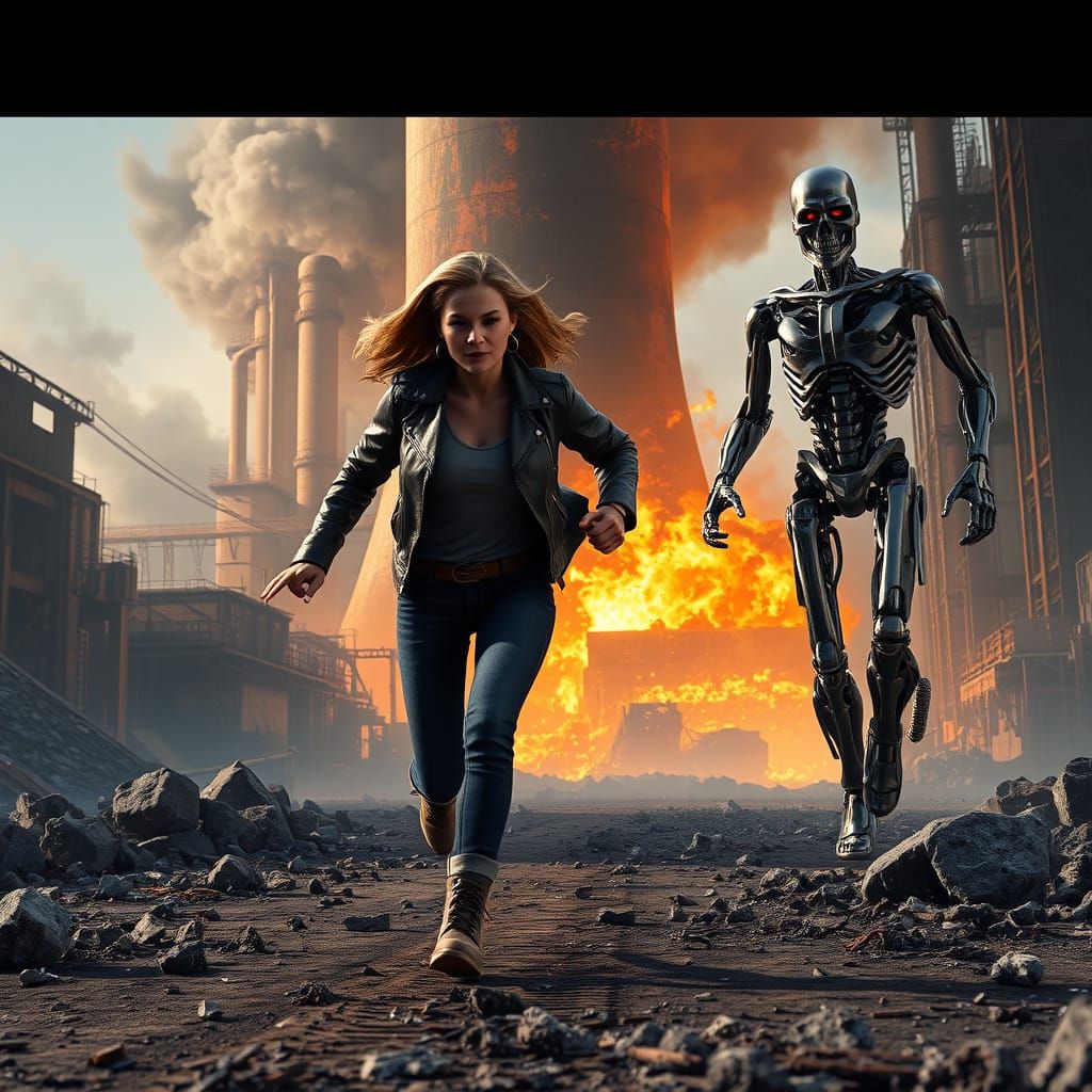 Sarah Connor Escape in Post-Apocalyptic Steel Mill