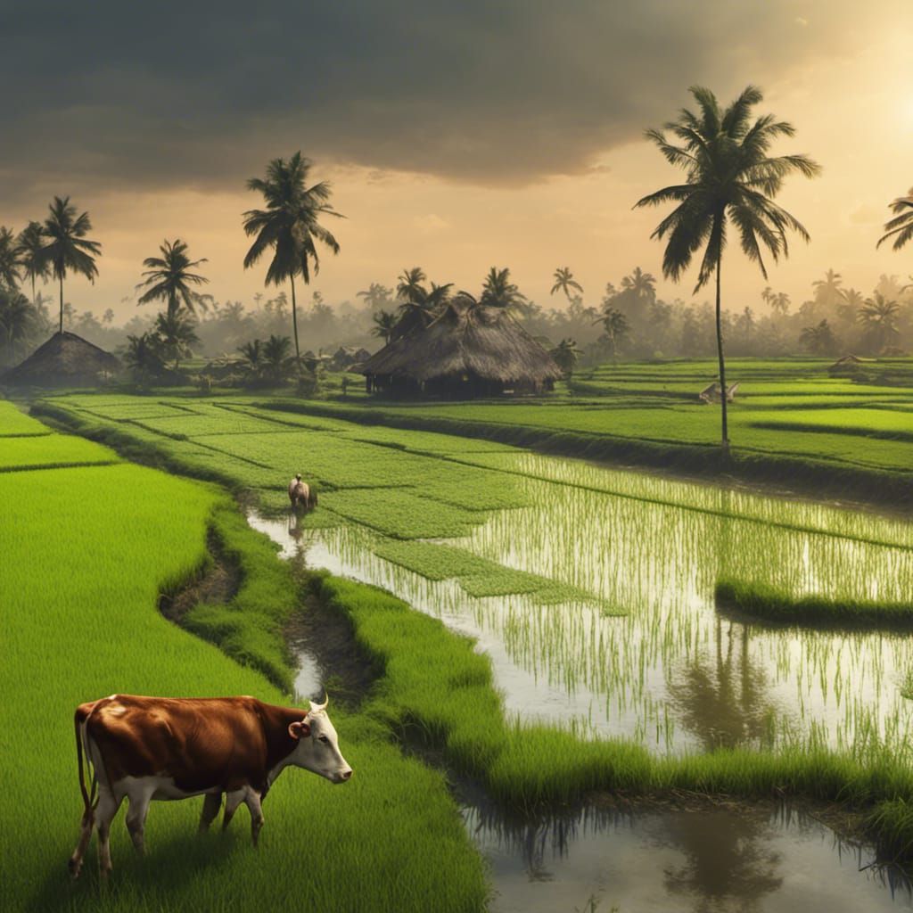 Kerala Paddy Field with Oxen: A Matte Painting