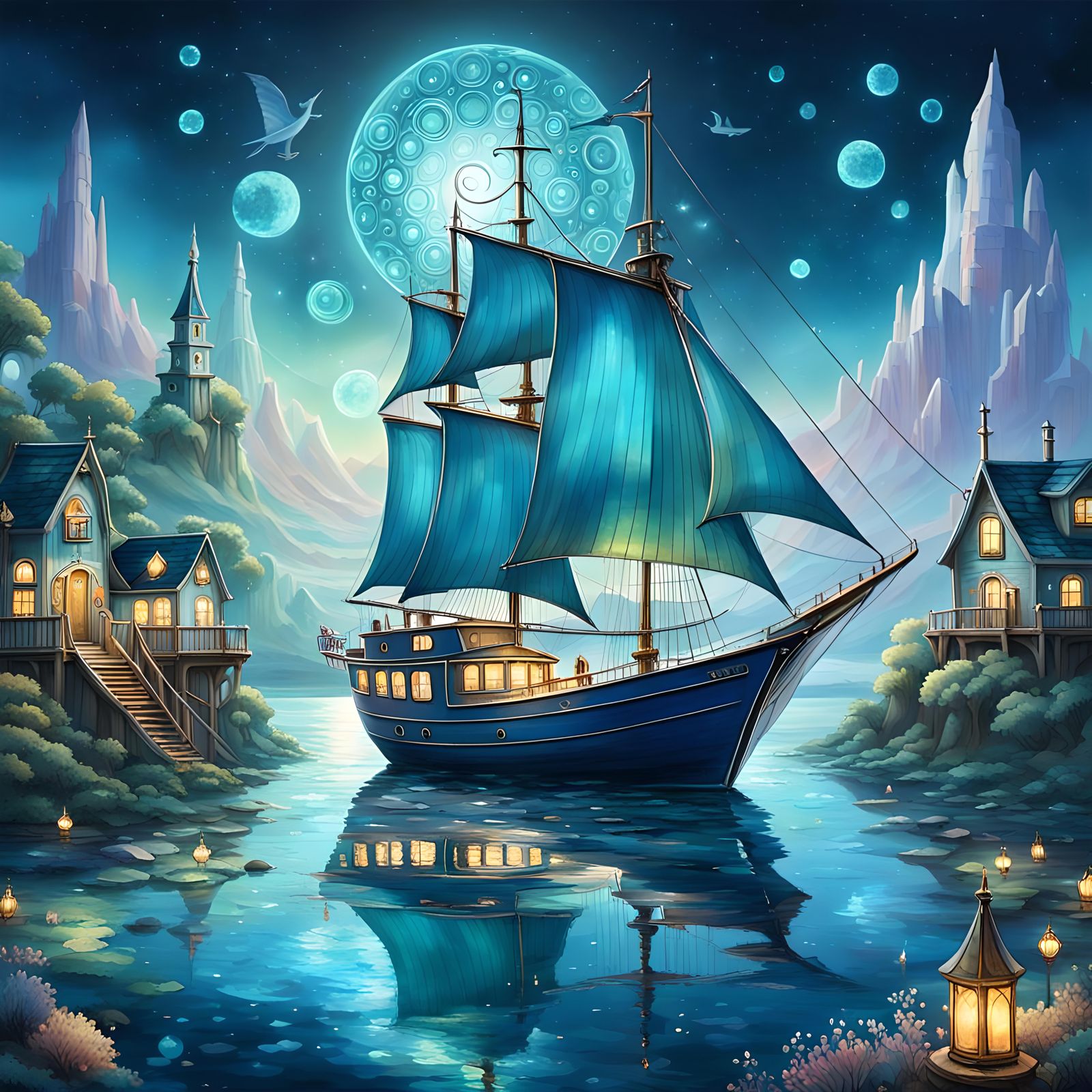 A magical sailboat sails serenely in a tranquil harbor.