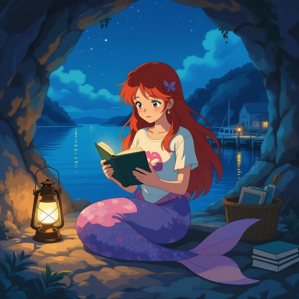 Mermaid Reading by Lantern Light in Grotto, Anime Style