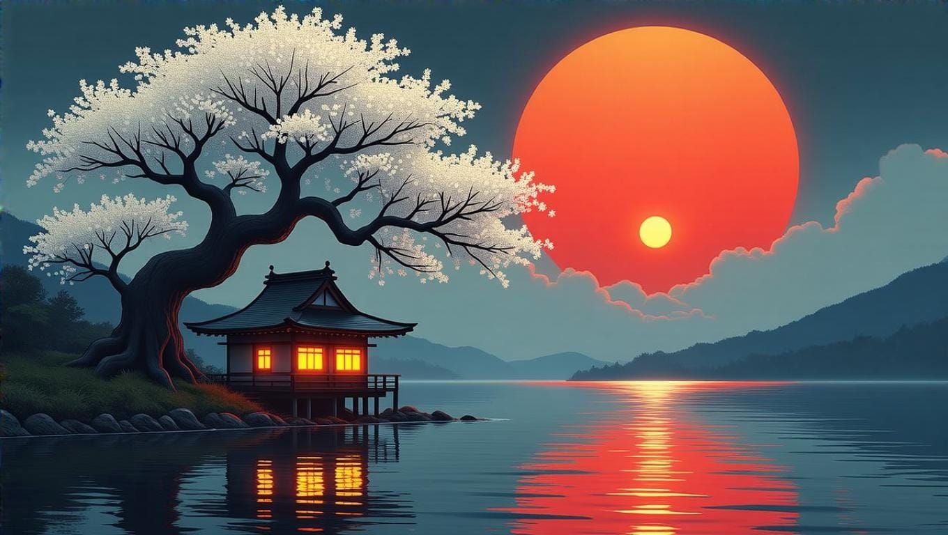 Japanese Lakeside Building with Pointillist Blossoms