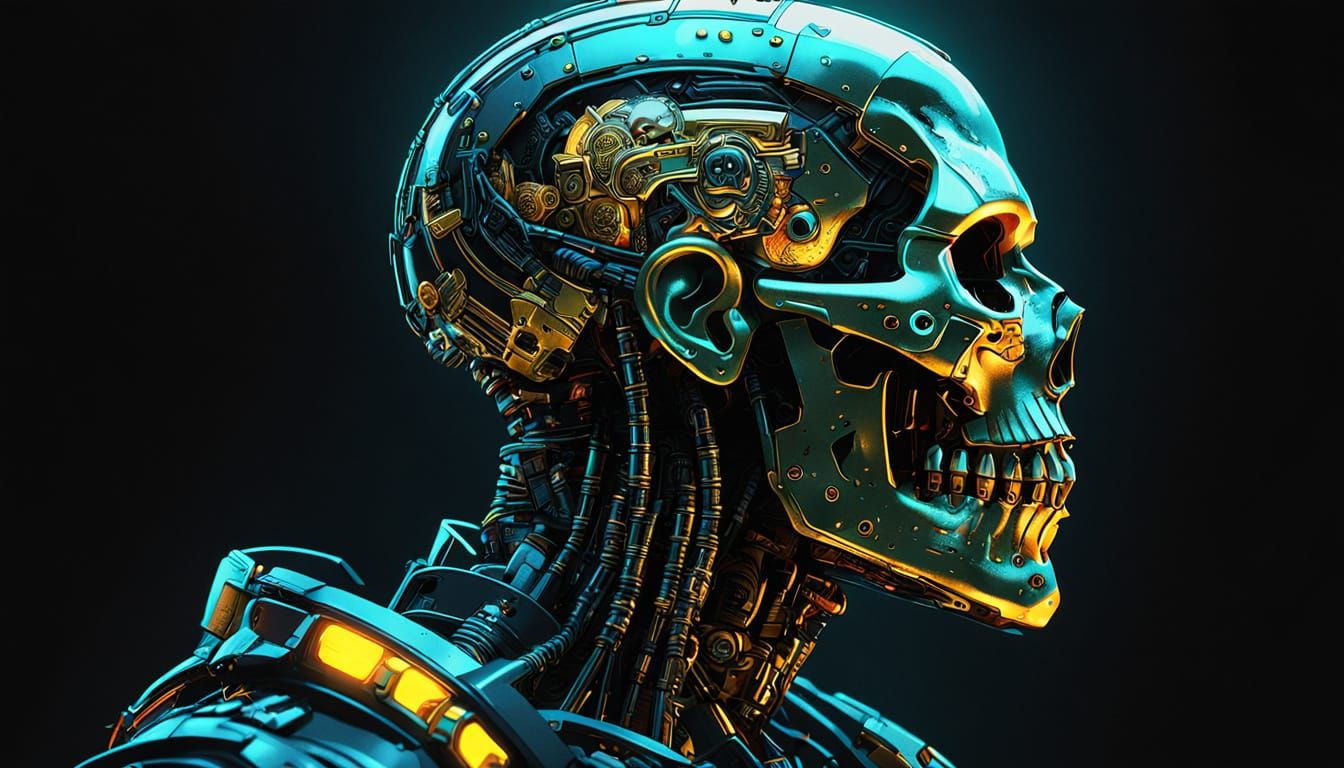 Cyberpunk Cyborg Skull in Art Nouveau Style