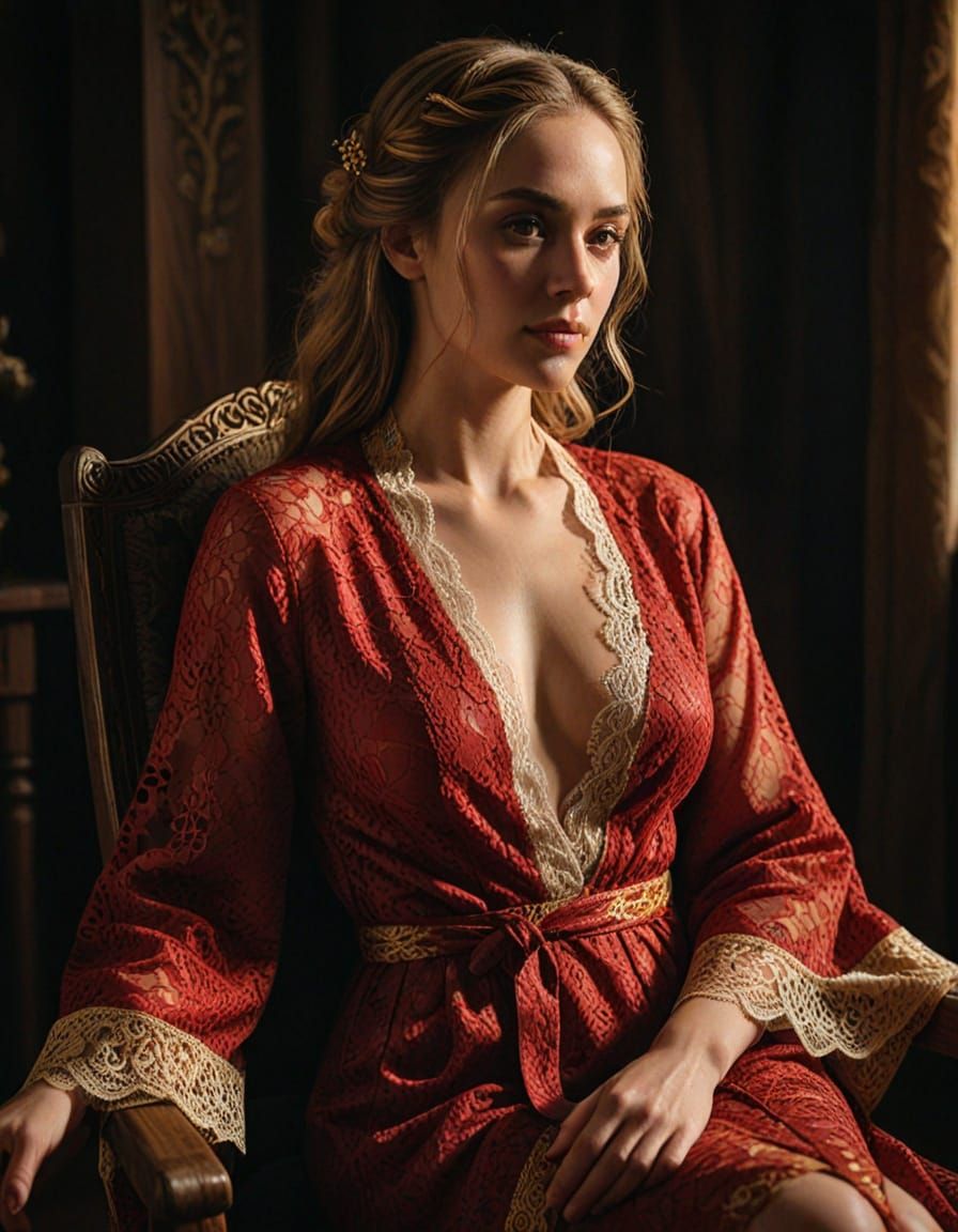 Woman in Red Lace Robe: An Oil Painting Portrait