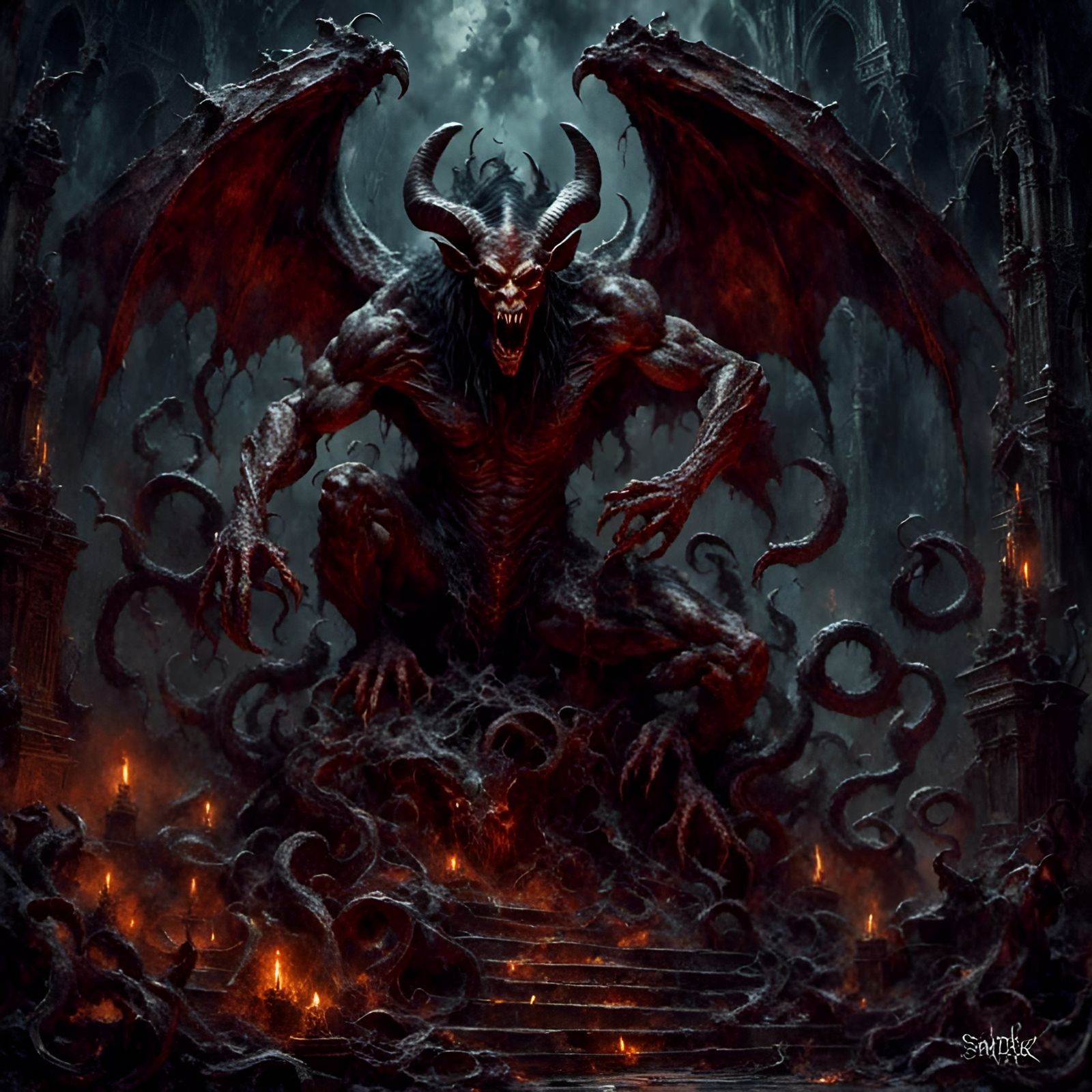 Demonic Gargoyles Guarding Hell's Gate: Creepy Illustration
