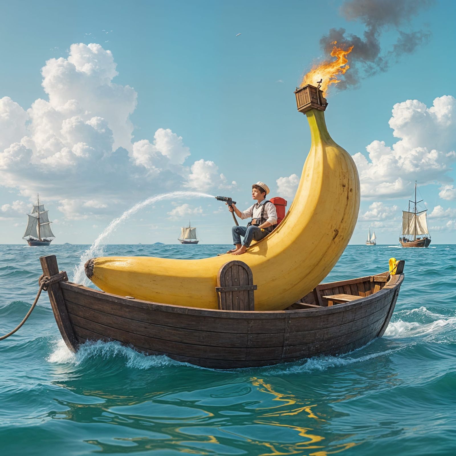 Man Emerging From Banana Boat Ignites Fire at Sea