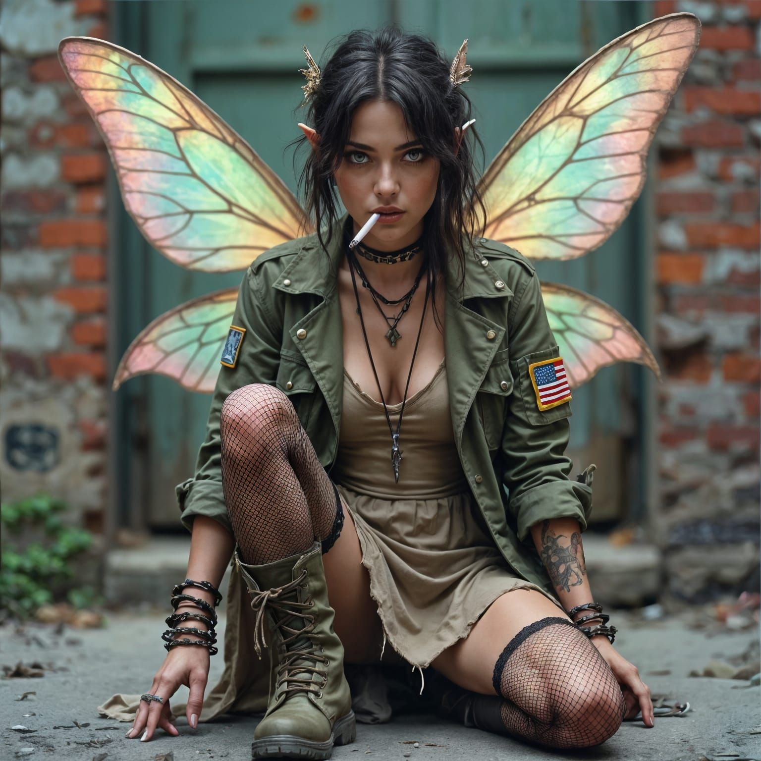 Grungy Urban Fairy Warrior with Iridescent Wings