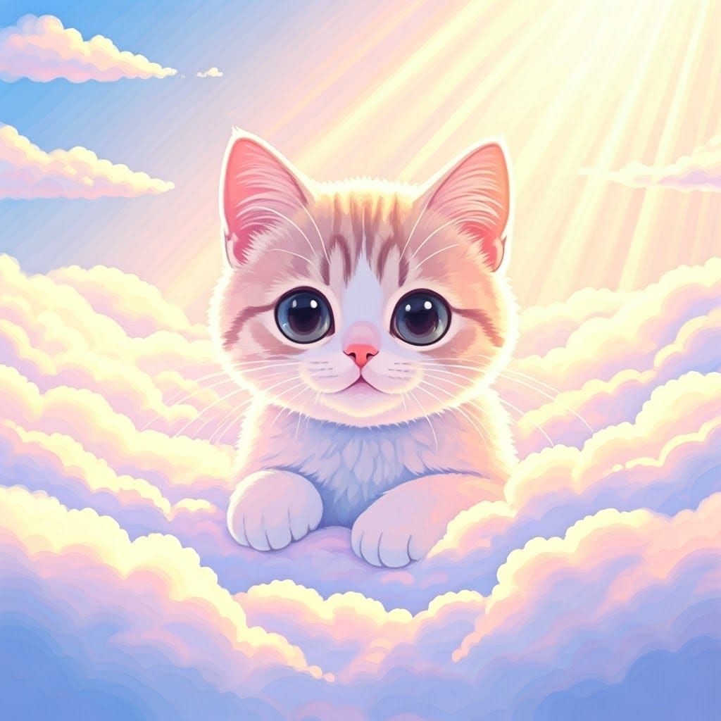 Pastel Kawaii Cat Lounging in Heavenly Sunshine