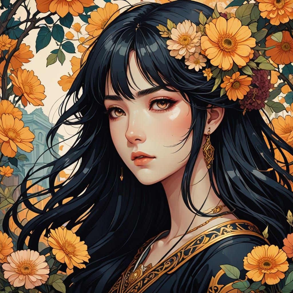 Jugendstil Girl in Ancient Rome Blooms with Vibrant Colors