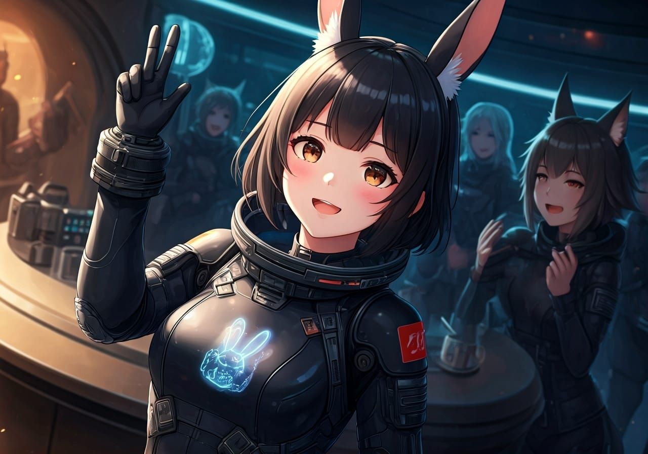 Anime Woman Celebrates in Futuristic Cantina