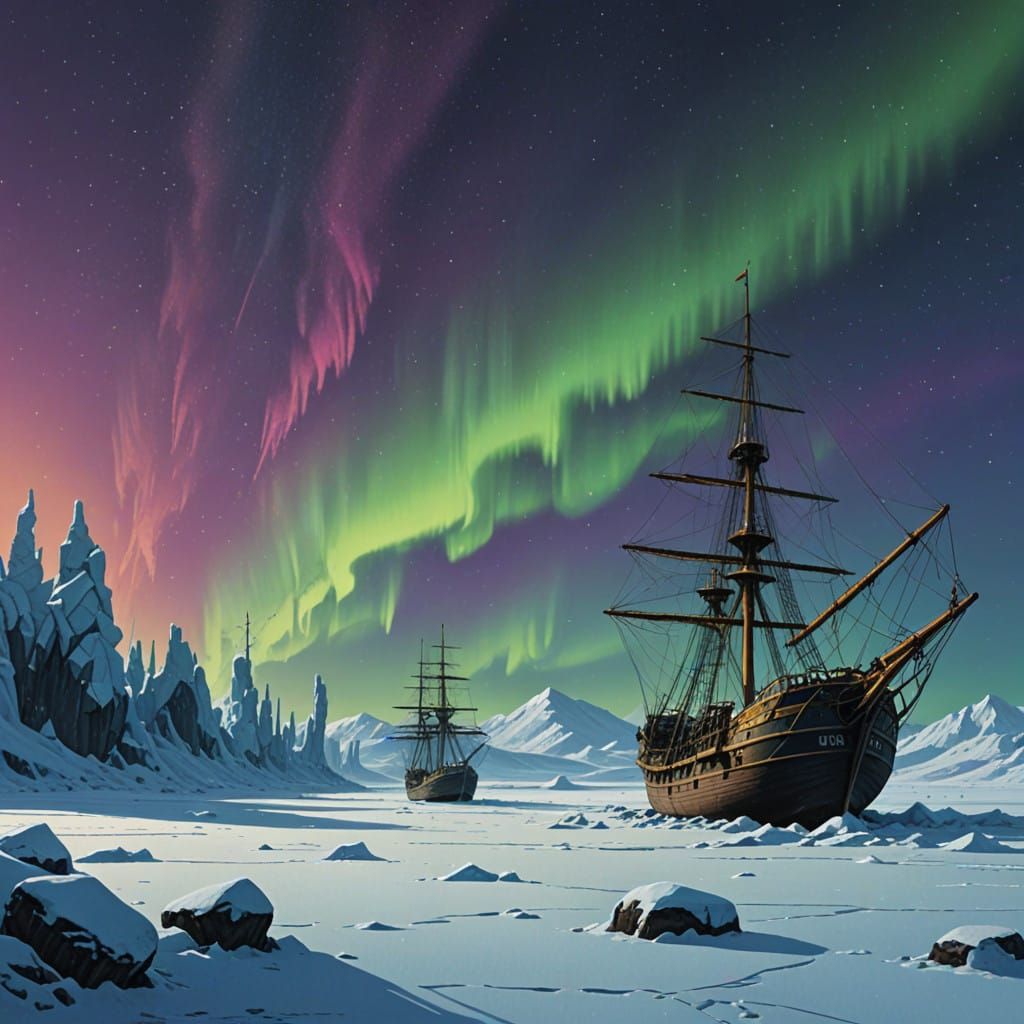 Frozen Tundra Ships in Ethereal Ice