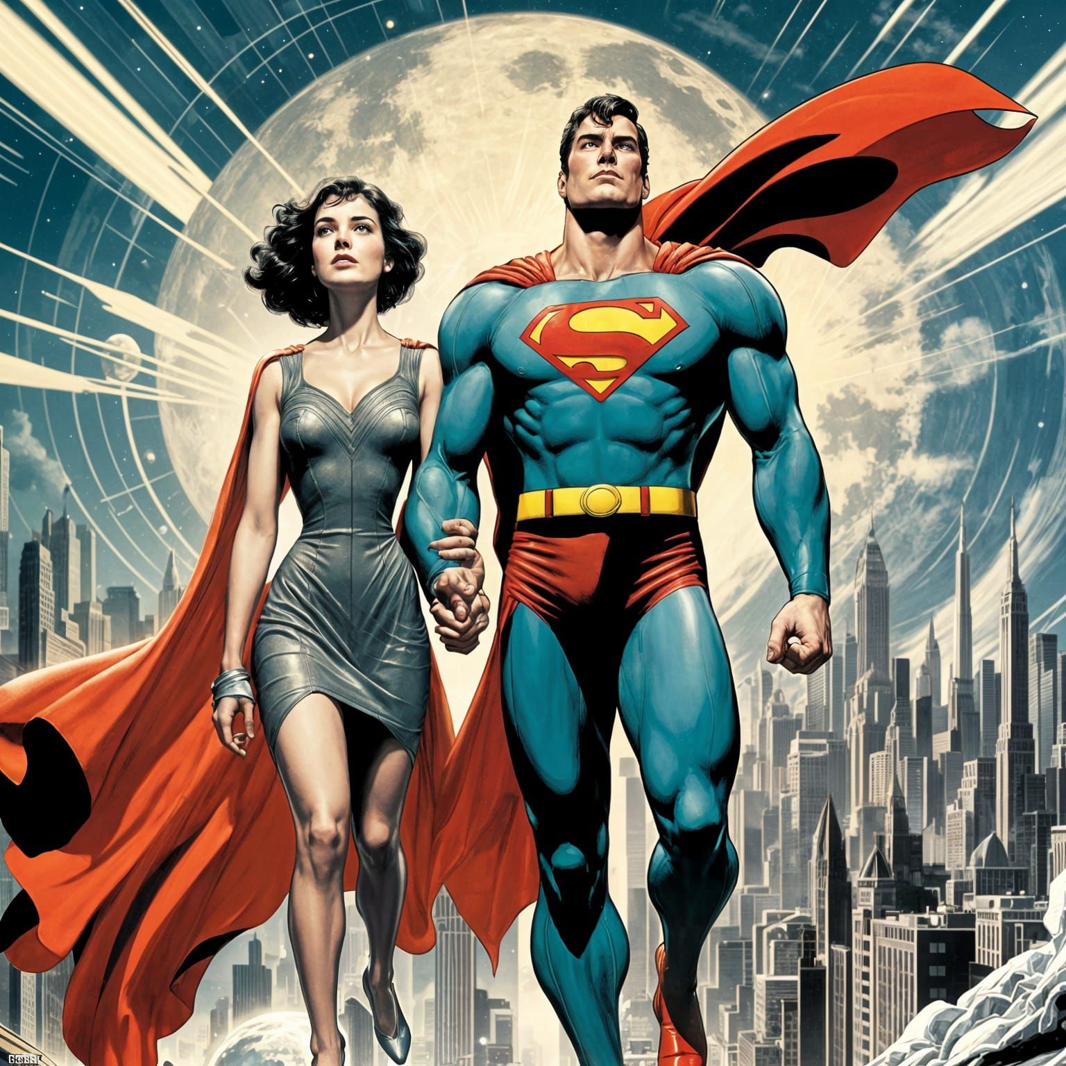 Superman and Lois Lane on the Moon in Comic Style