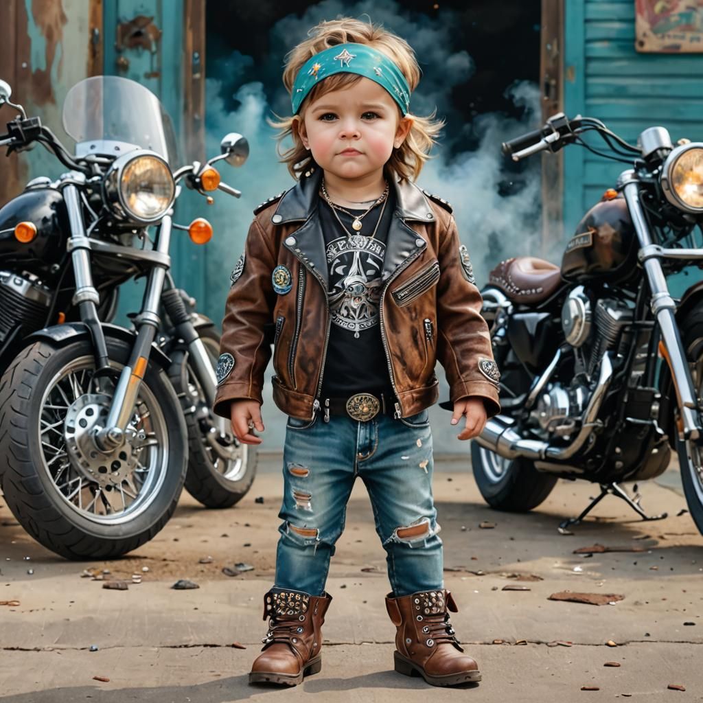 HD 8K hyper-realistic watercolor of a cute 5-year-old wearing a biker's jacket over a peace shirt, ripped blue jeans, an...