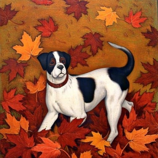 Bul'ka the Dog Joyfully Plays in Autumn Maple Leaves