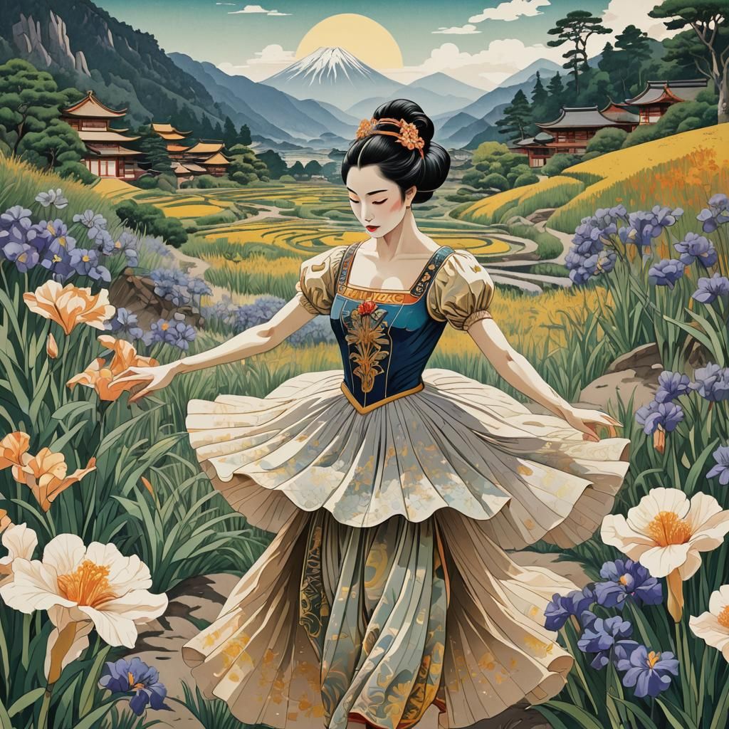 Ukiyoe Ballerina in Zen Garden, Digital Art