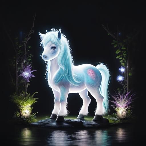 Bioluminescent Chibi Pony by Waterfall in Garden