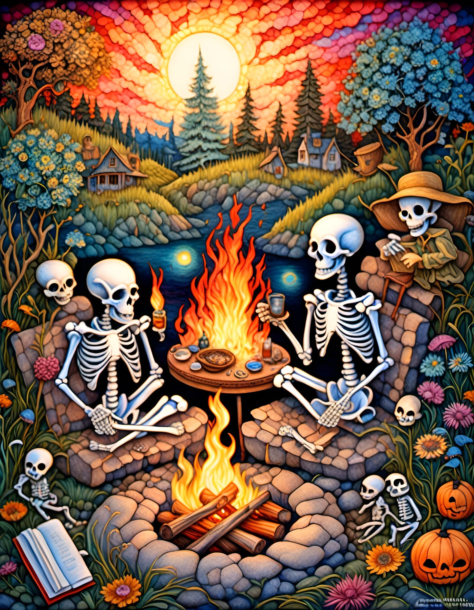 Happy Skeletons Campfire, Gel Pen and Alcohol Ink Art
