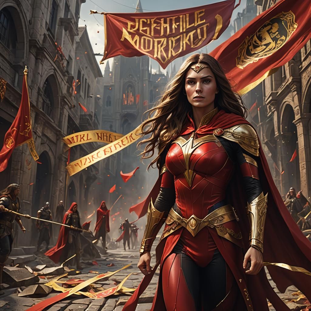 Yugoslav Female Superhero in Red Spandex and Gold Cape