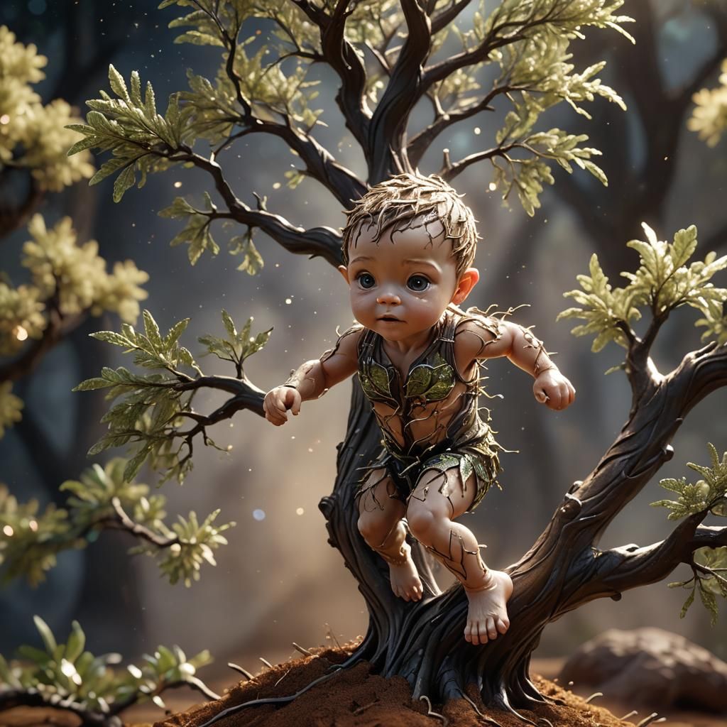 Magical Baby Tree Running, Photorealistic CGI Render