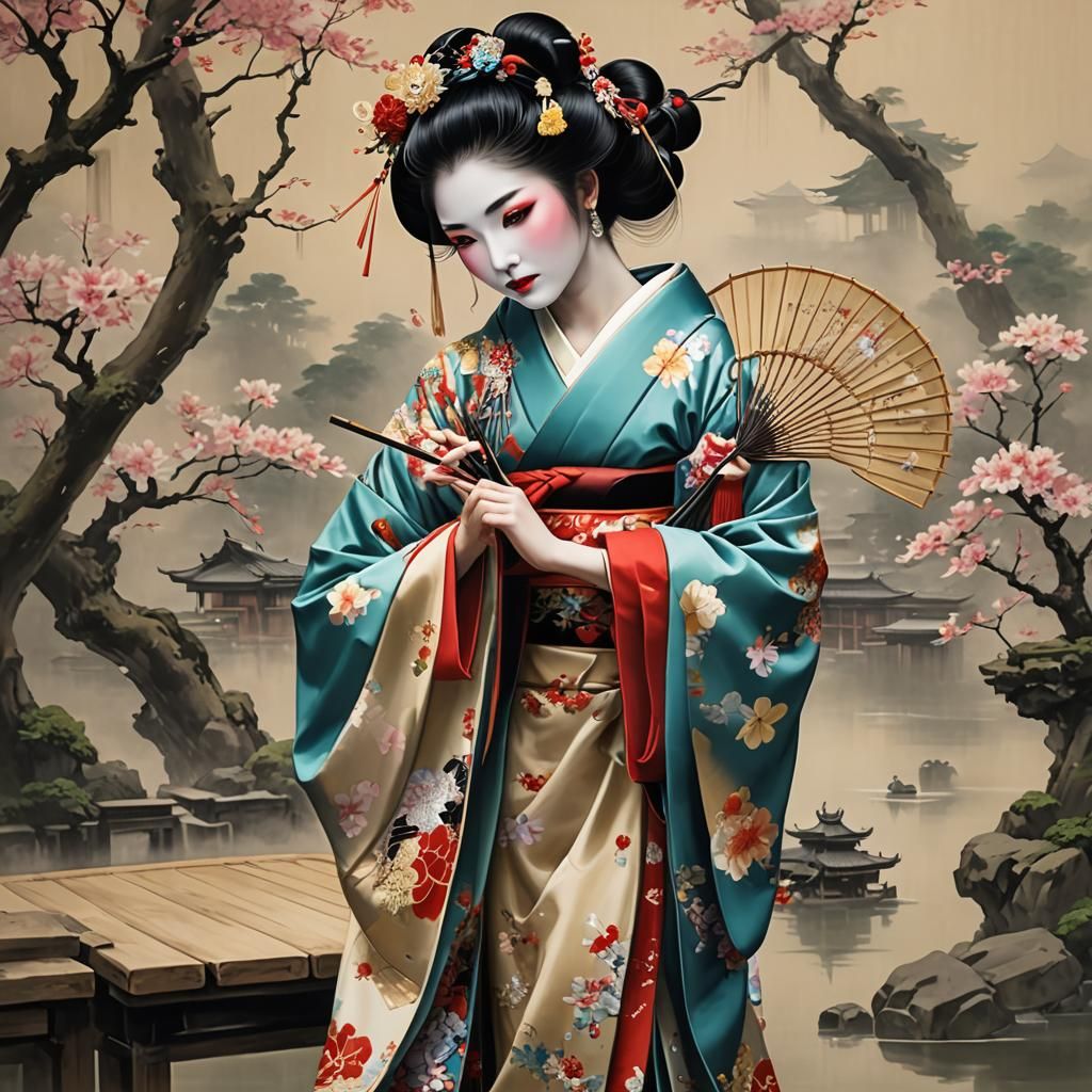 Elegant Geisha Playing Music in Guangzhou