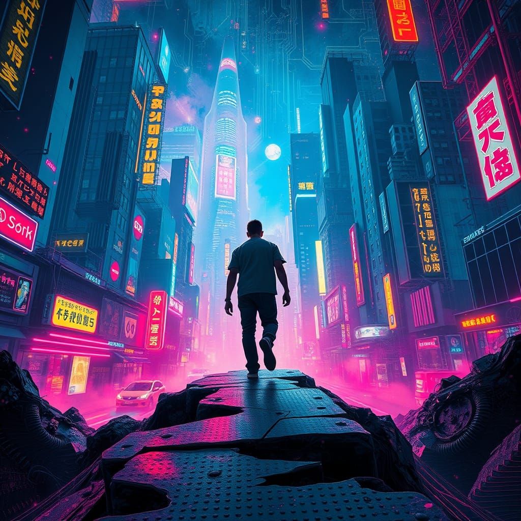 Dystopian Cityscape Stepping into Future in Cyberpunk Style