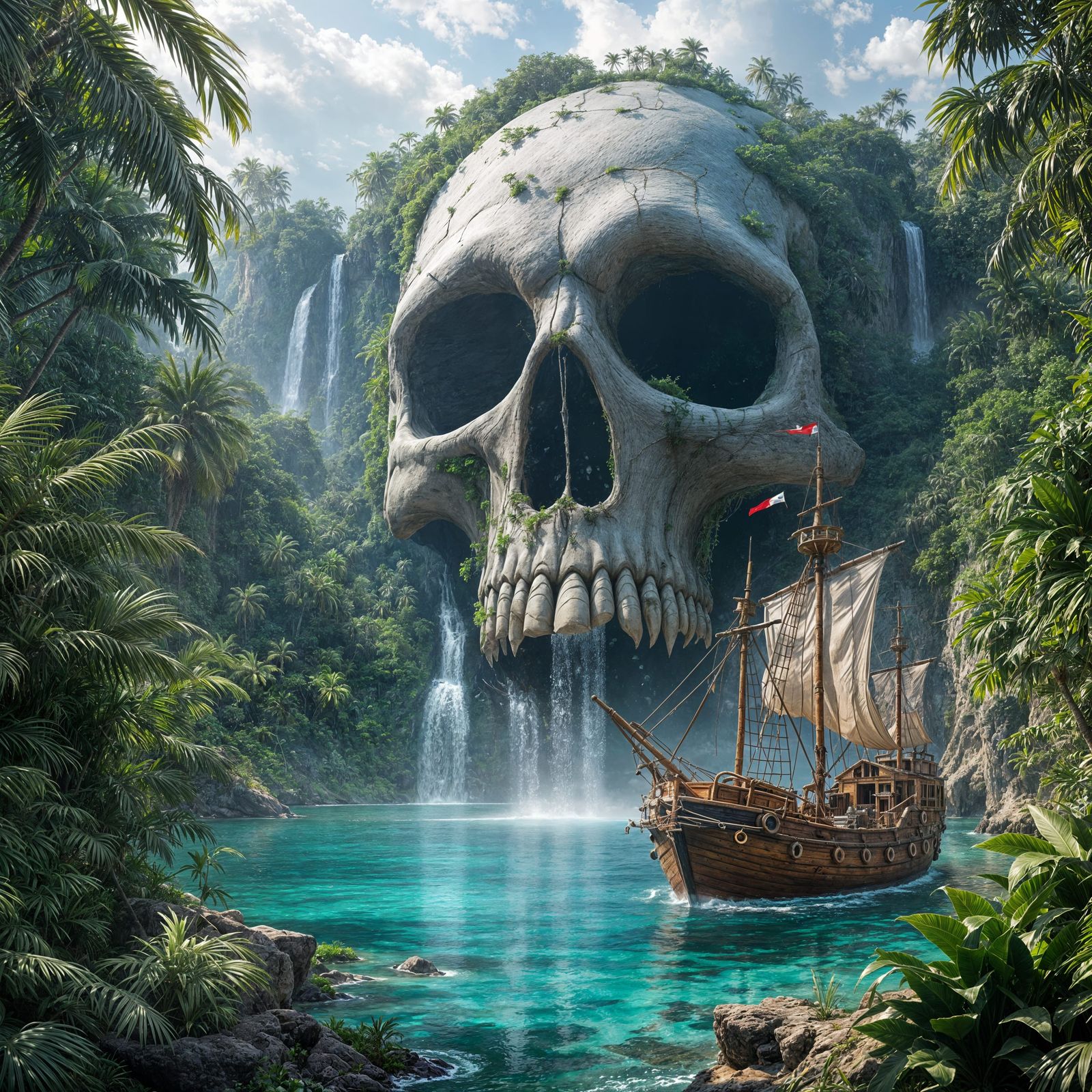 Photorealistic Deserted Island Paradise with Majestic Volcan...