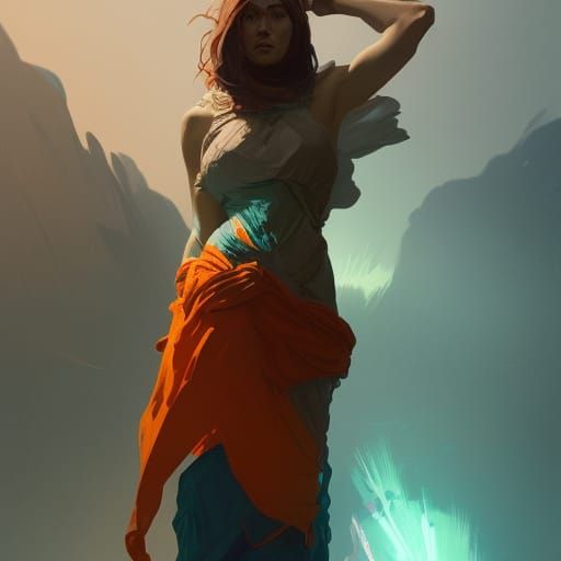 Giant Woman Concept Art in Orange and Teal