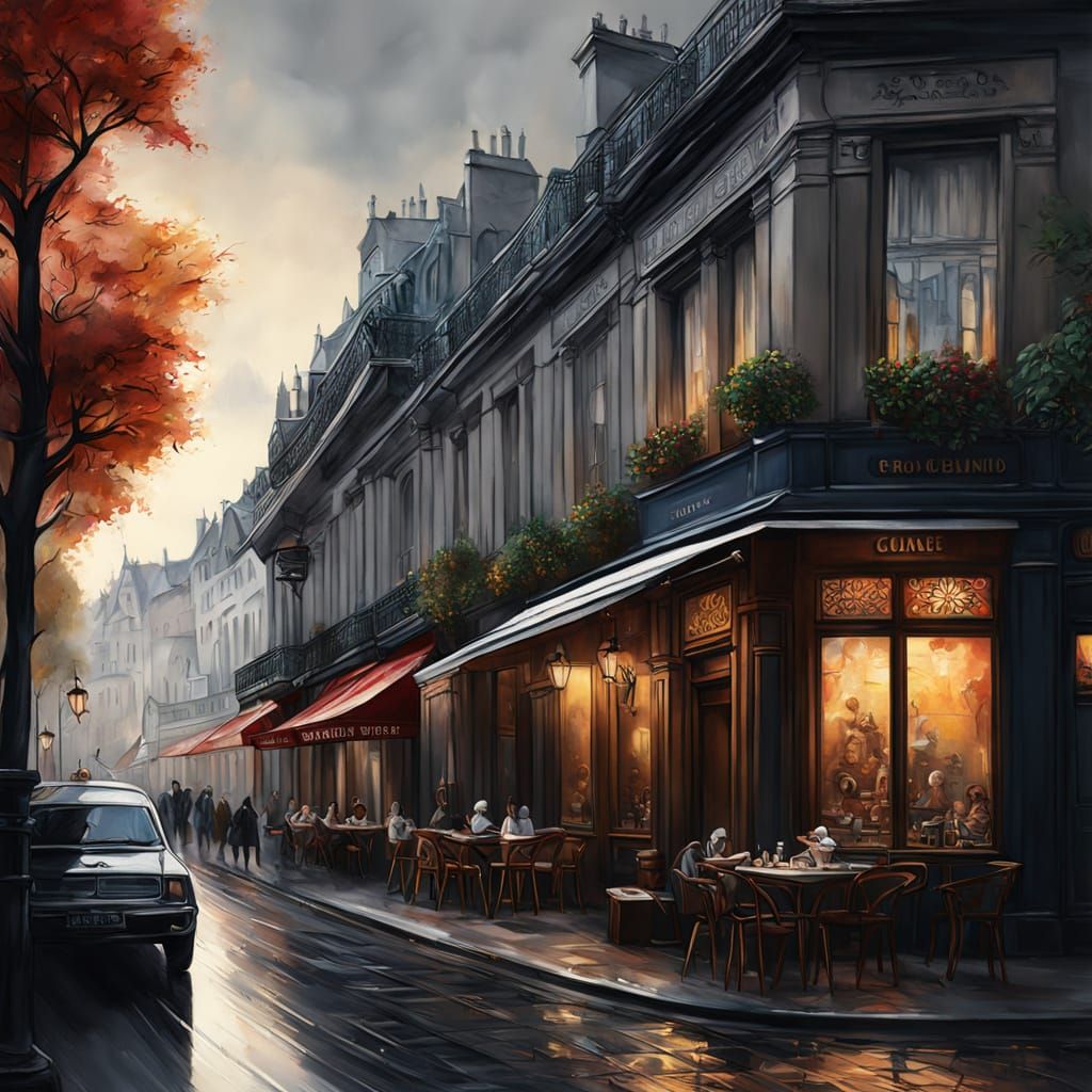 Dark Cafe Street: Hyperdetailed Charcoal Gouache Painting