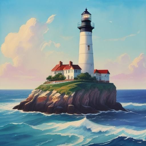 Seaside Lighthouse in Gouache Watercolor Style