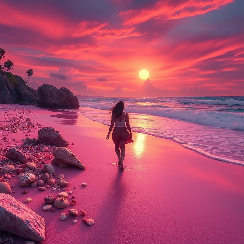 Pink Beach Sunset: Hyperrealistic Colorful Seascape