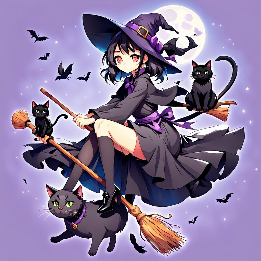 Anime Witch Girl on Broom with Black Cat