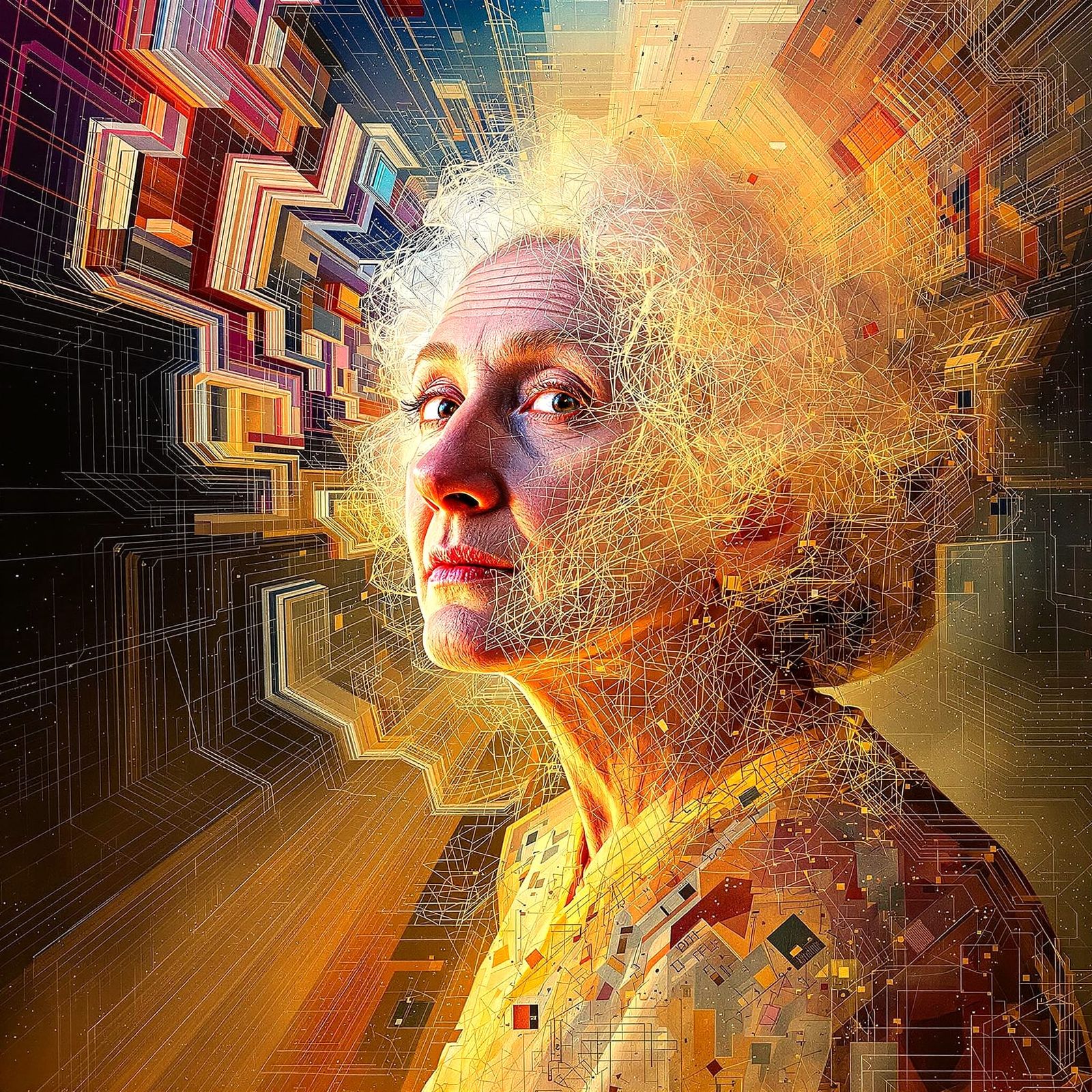 Grandmother Portrait Blends with Digital Abstractions