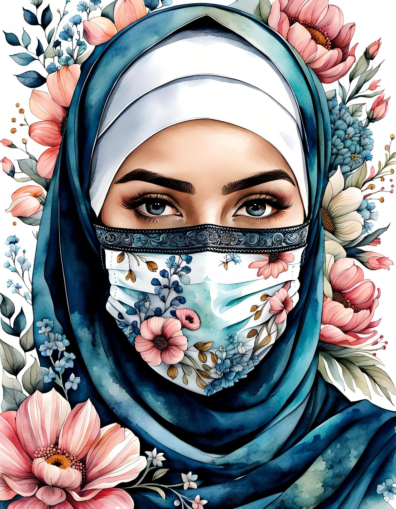 Beautiful Hijabi Woman with Flowers in Watercolor