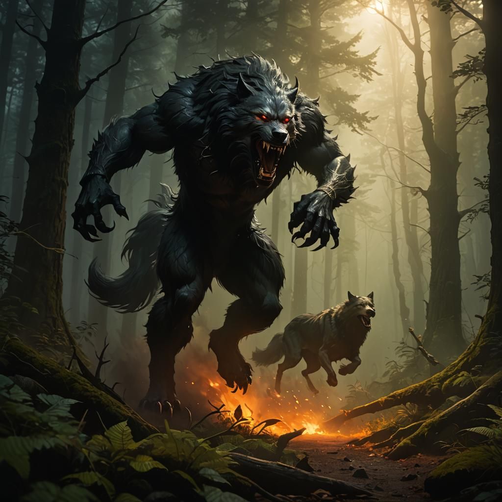 Werewolves Transforming in Misty Forest, Dark Fantasy Art