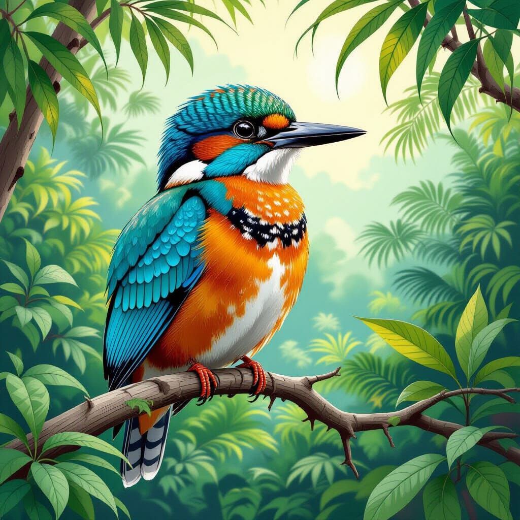 Colorful Guam Kingfisher in Detailed Wildlife Illustration