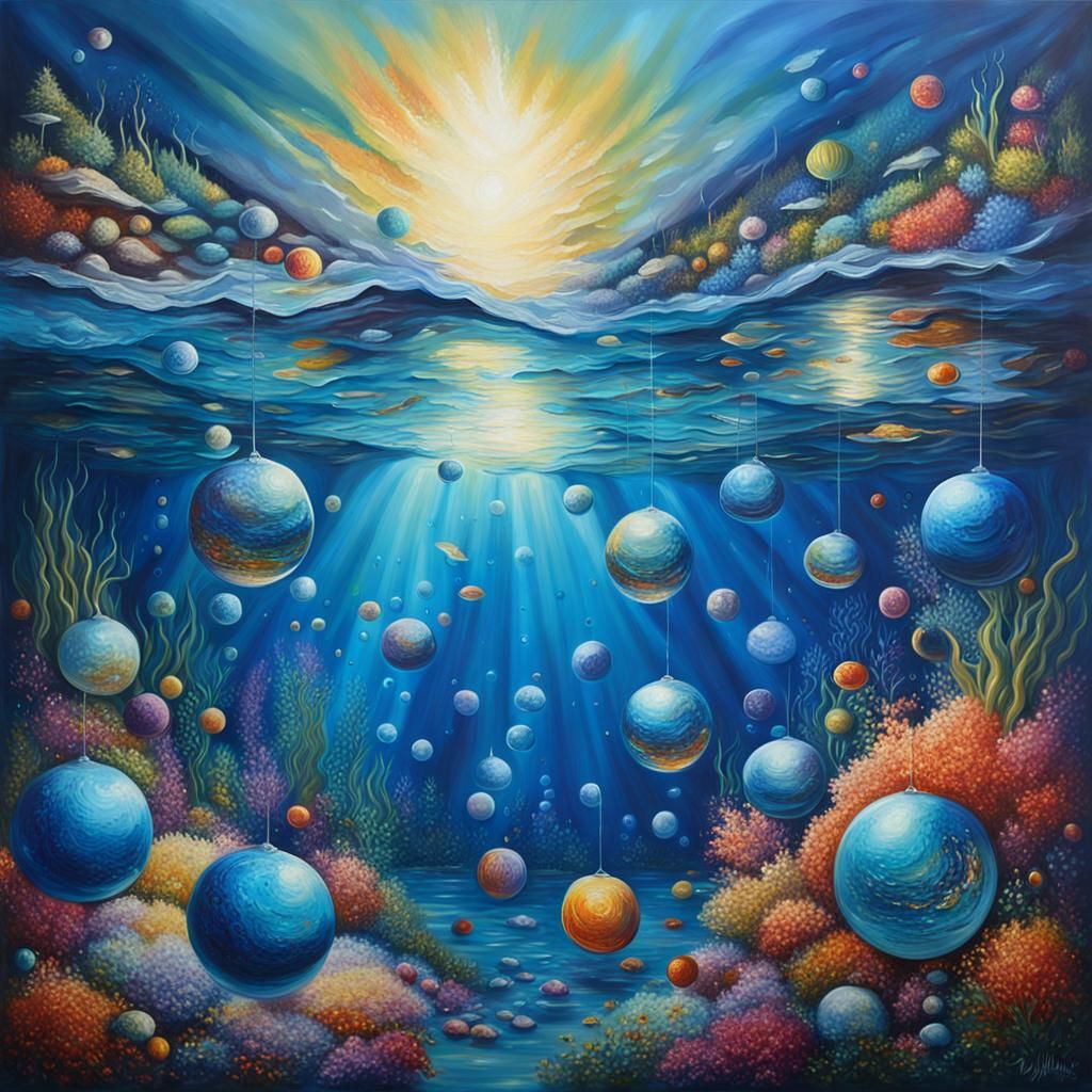Underwater Paradise: Shimmering 3D Orbs in Oil Painting Styl...