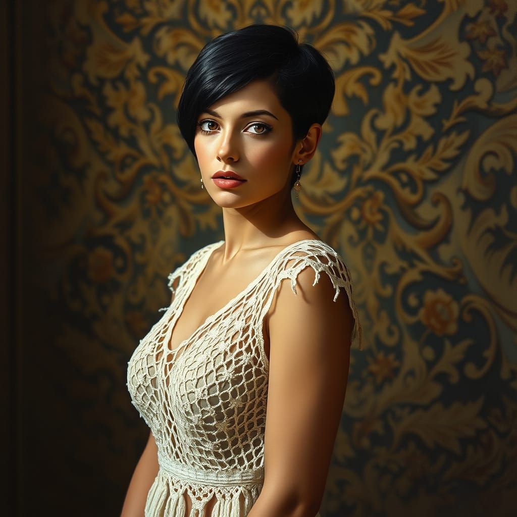 Oil Painting of Woman in Crochet Dress, Fine Art Style