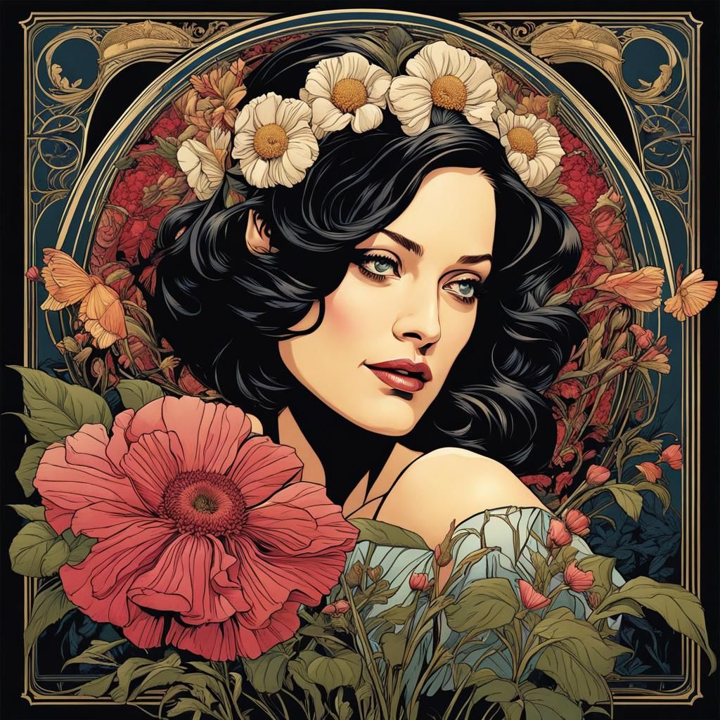 Art Nouveau Portrait with Floral Accents